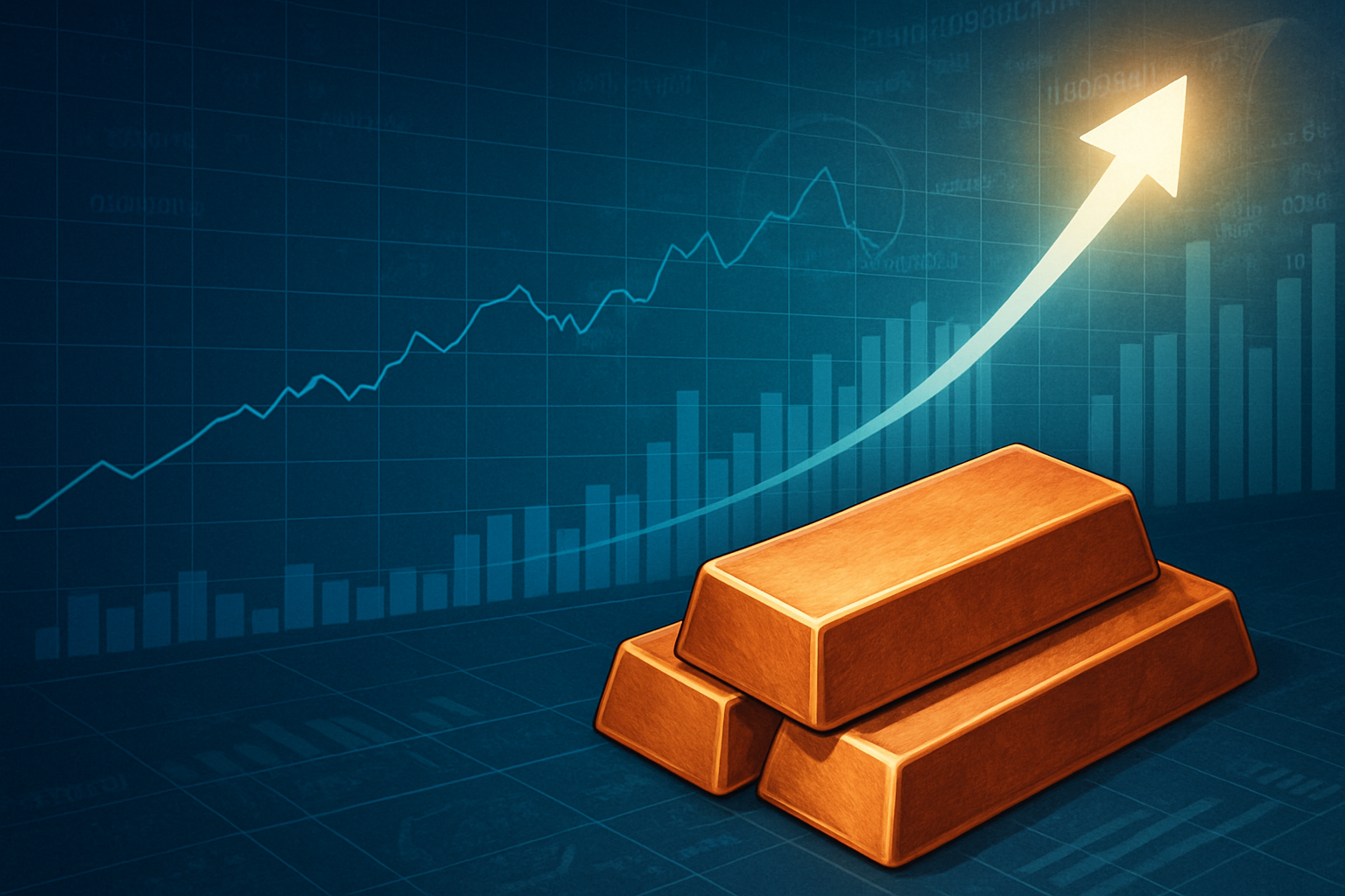 Three copper bars placed on a digital financial chart background with a glowing upward arrow indicating rising market trends.