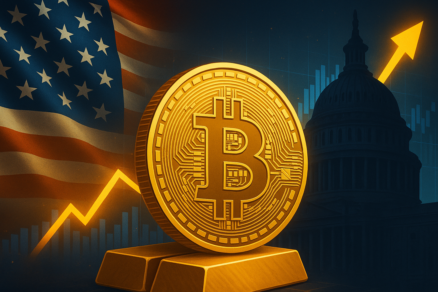 A symbolic illustration of a large gold Bitcoin in front of the U.S. Capitol and American flag, with upward financial arrows.