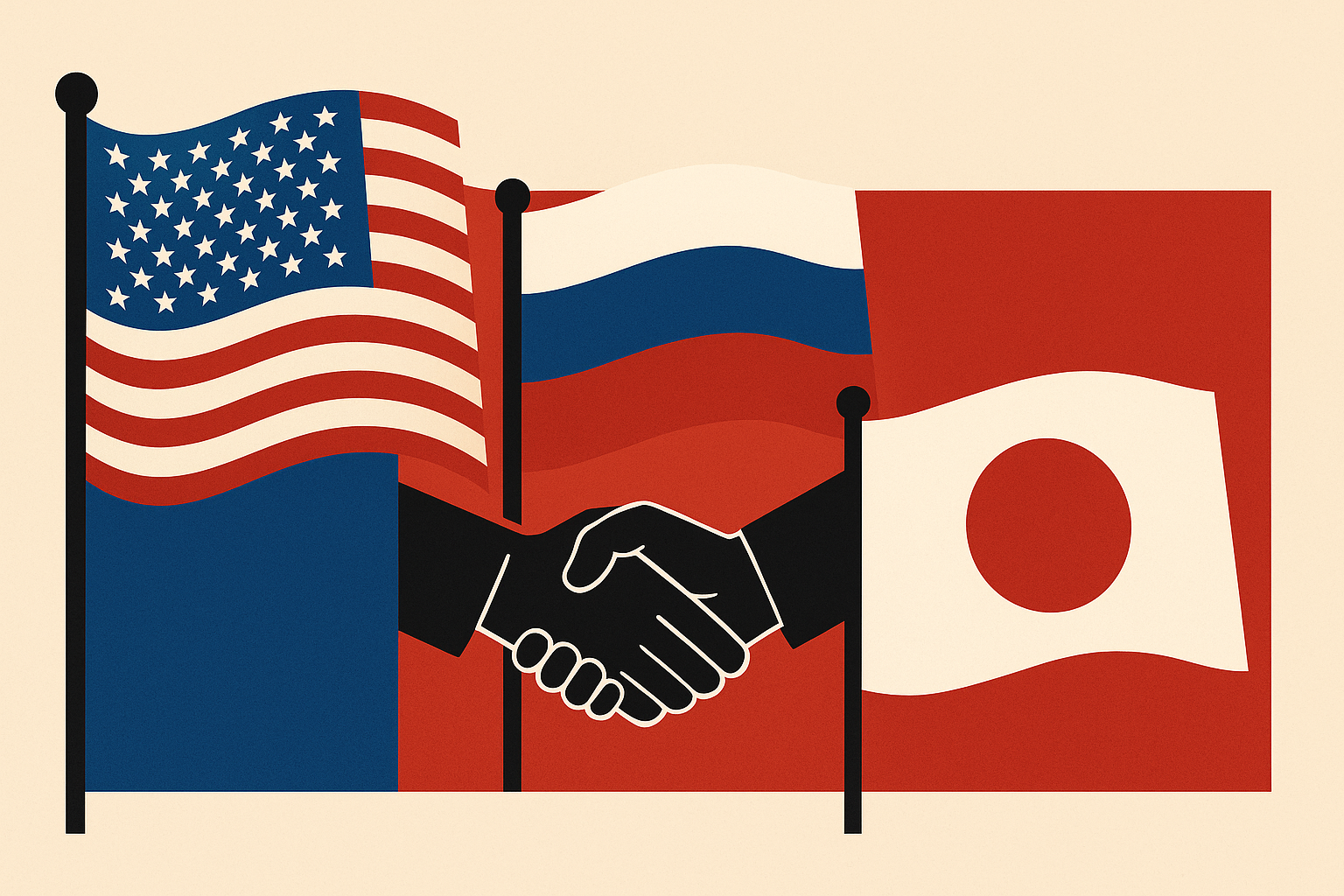 Illustration showing the flags of the United States, Russia, and Japan with two hands shaking in front, symbolizing international diplomacy.