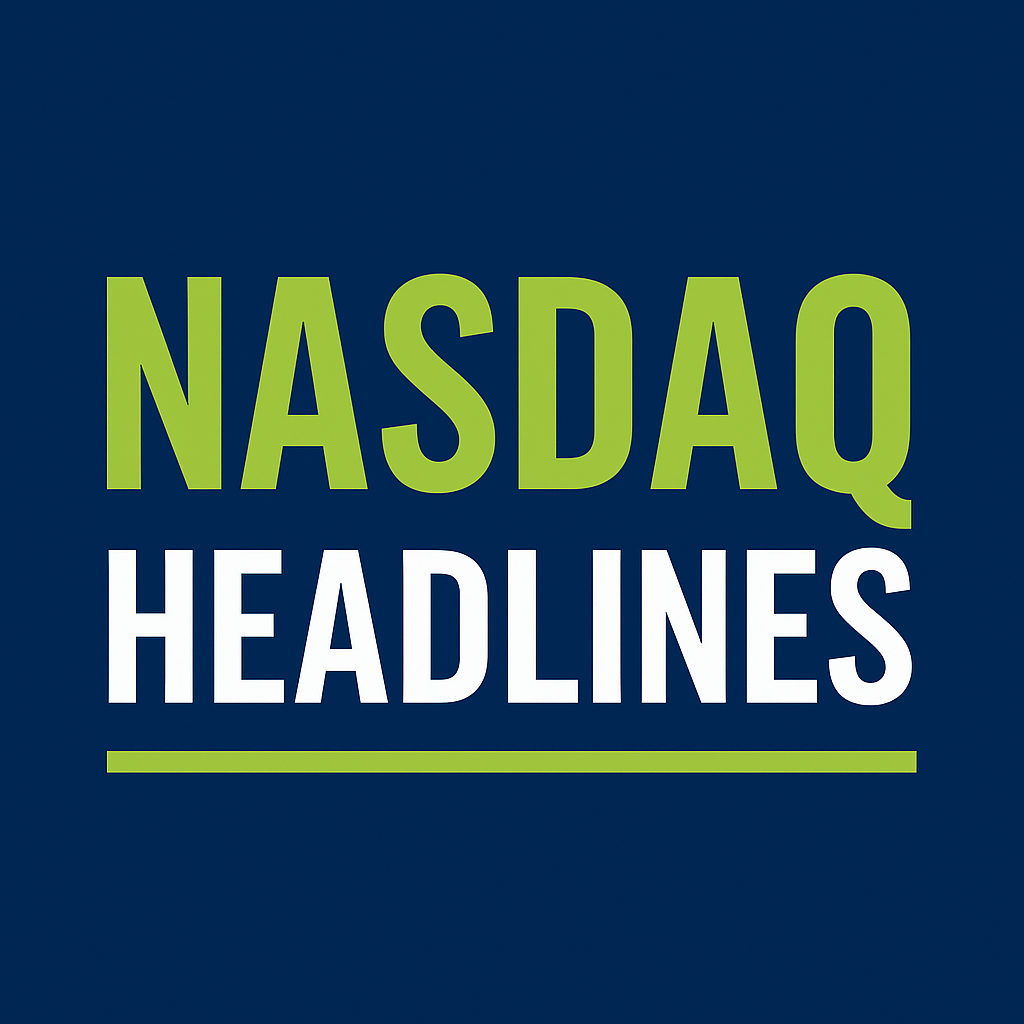 Square Nasdaq headlines graphic with 'NASDAQ' in lime green and 'HEADLINES' in white on a dark navy blue background.