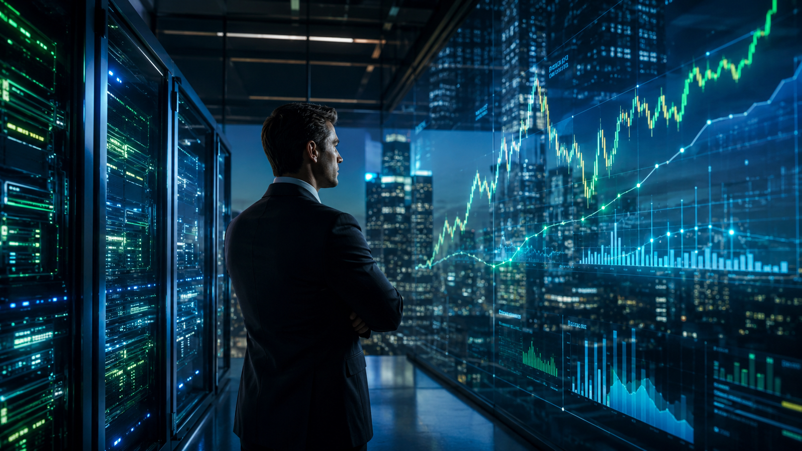 A market analyst stands beside glowing data-center servers, watching abstract financial charts reflected across a glass wall overlooking a city skyline.