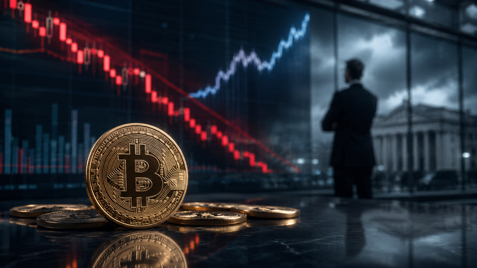 Gold Bitcoin coins on a trading desk with a falling red market chart, rising yield-style line, and institutional investor silhouette in the background.