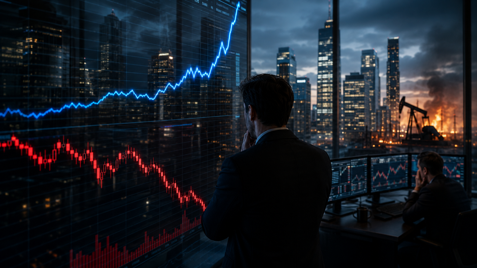 Concerned traders watch rising blue yield charts and falling red stock charts in a dark financial office overlooking the city.