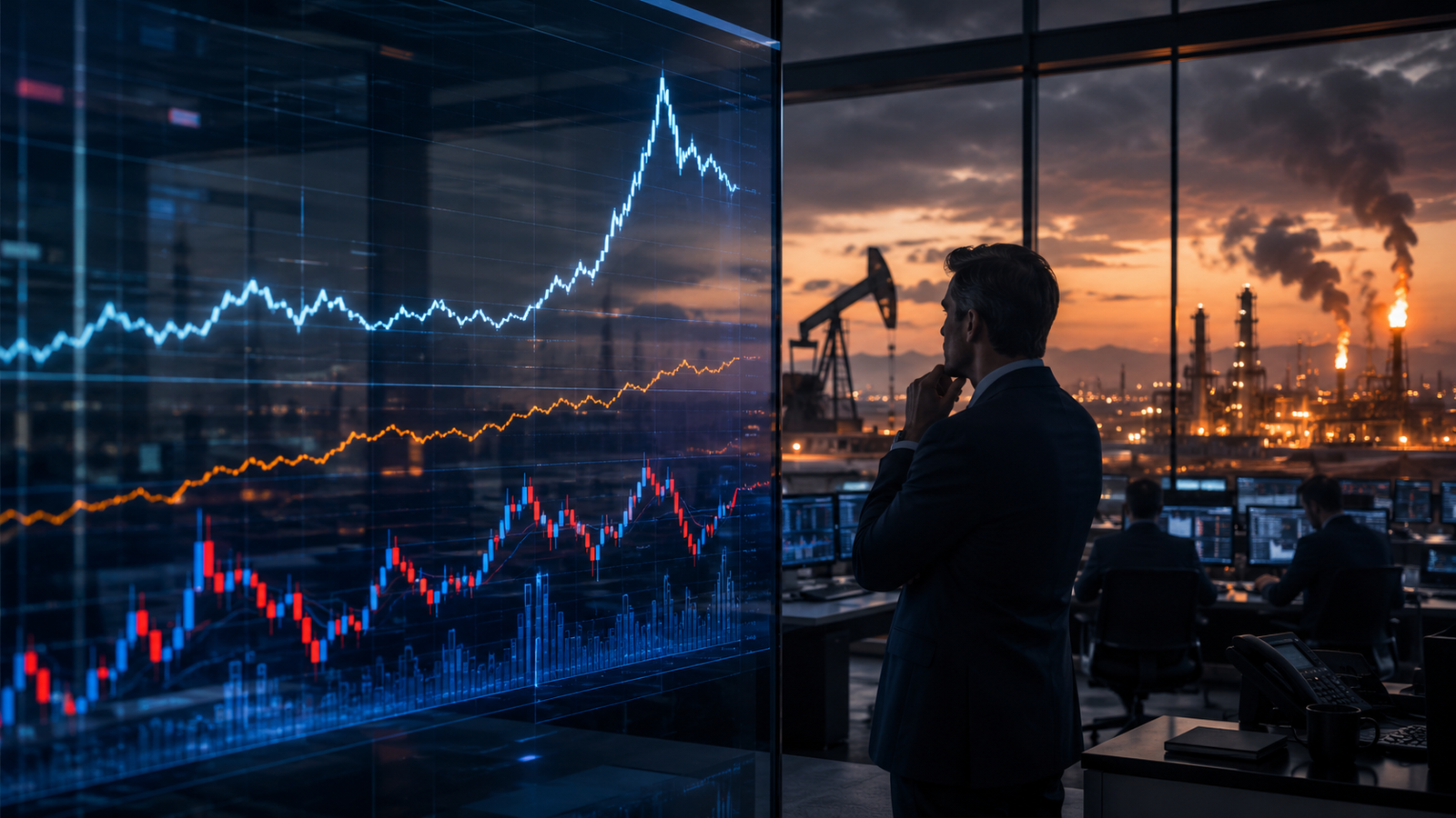 A suited market analyst watches volatile oil and financial charts in a trading room overlooking refinery flames and oil pumpjacks at sunset.