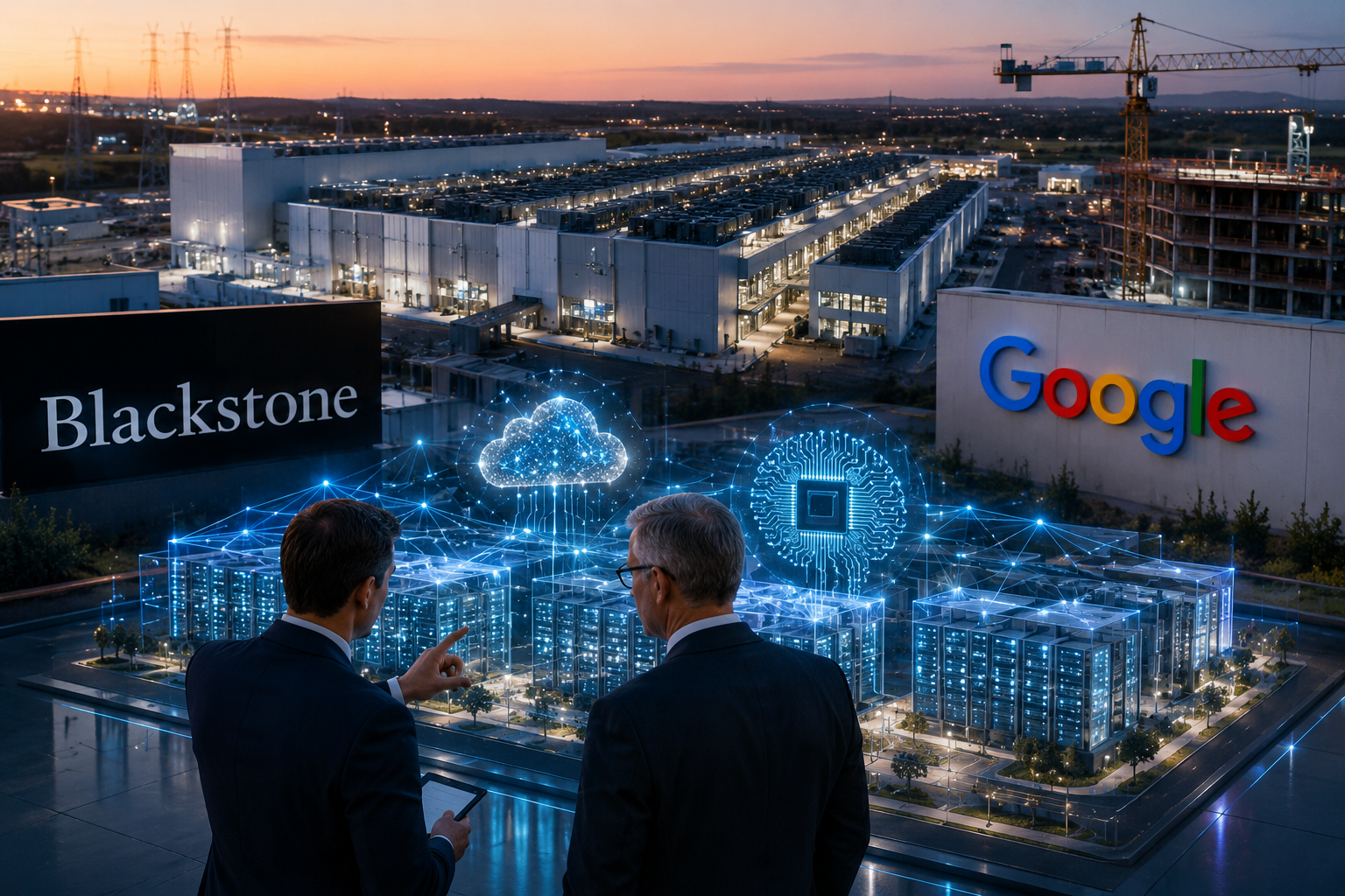 Two business executives review a glowing holographic data center model in front of a large AI infrastructure campus with power lines, cranes, and cloud-computing visuals.