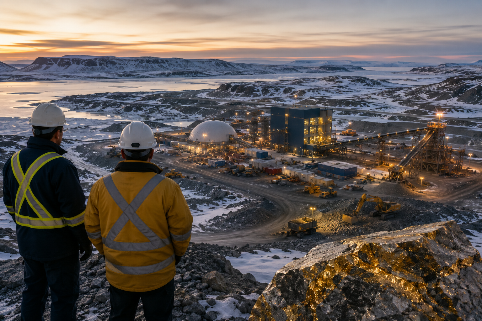 Two mining workers in safety gear overlook a large illuminated gold mining complex in a snowy Arctic landscape with machinery, conveyor systems, mountains, and glowing gold ore in the foreground.