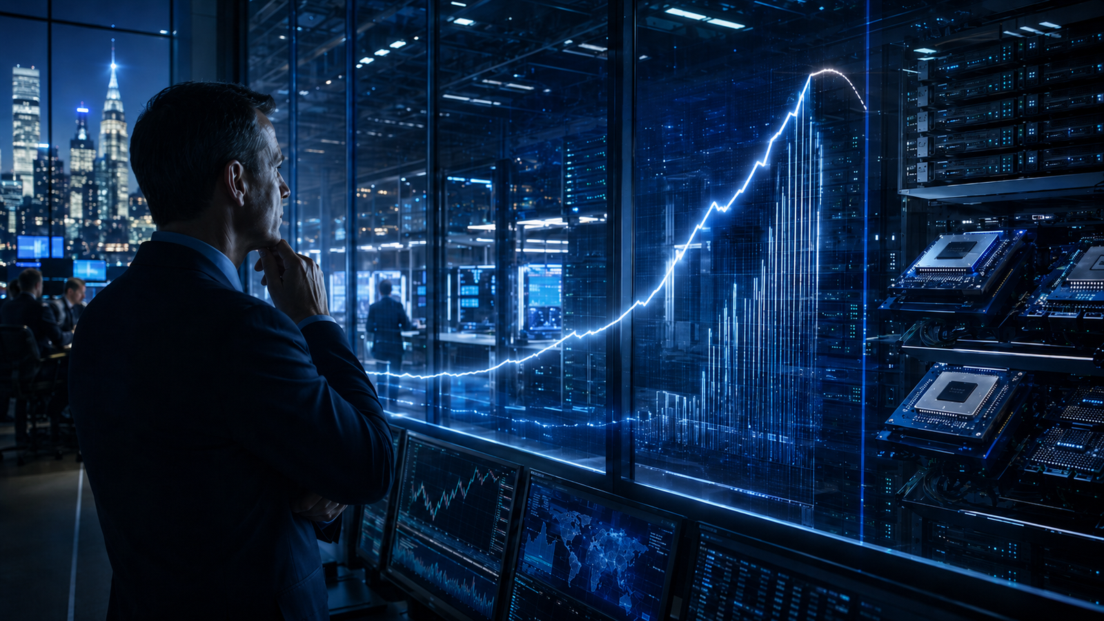 A business executive studies glowing AI infrastructure charts inside a high-tech data center control room filled with server racks, chip hardware, and market-monitoring screens.
