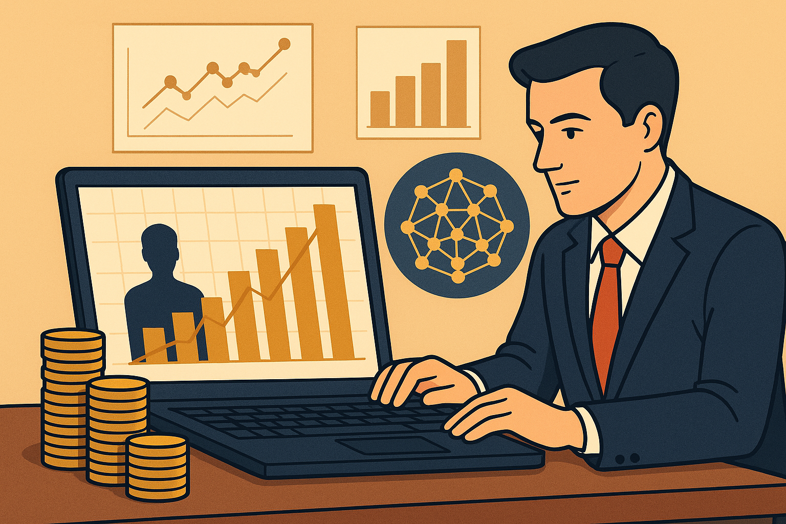 Illustration of a businessman analyzing investment data on a laptop, with charts and AI network graphics in the background and stacks of coins nearby.