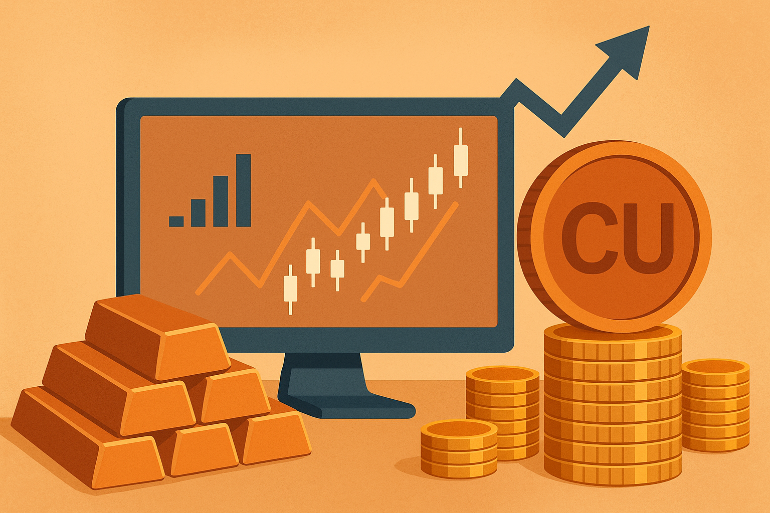 Illustration of copper bars, stacked coins, a copper "CU" coin, and a financial chart with a rising arrow on a monitor.