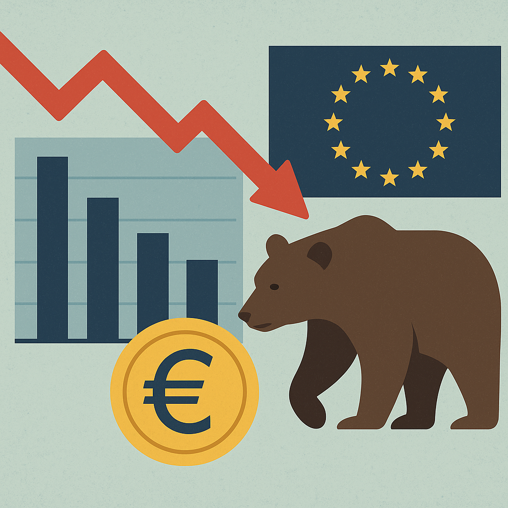 Illustration of a bear beside a downward red arrow, a declining bar chart, a Euro coin, and the EU flag, symbolizing a drop in European stock markets.
