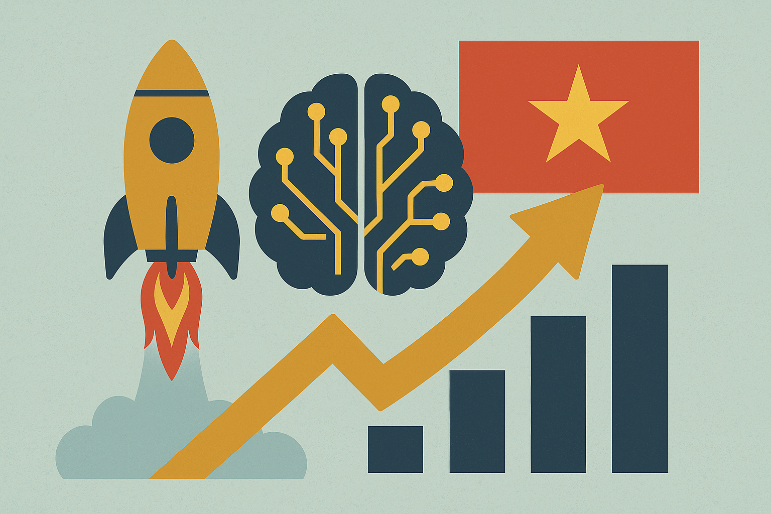 Illustration featuring a rocket launch, a digital brain symbolizing artificial intelligence, an upward-trending arrow, bar graphs, and the Vietnamese flag, representing AI-driven growth in Vietnam.