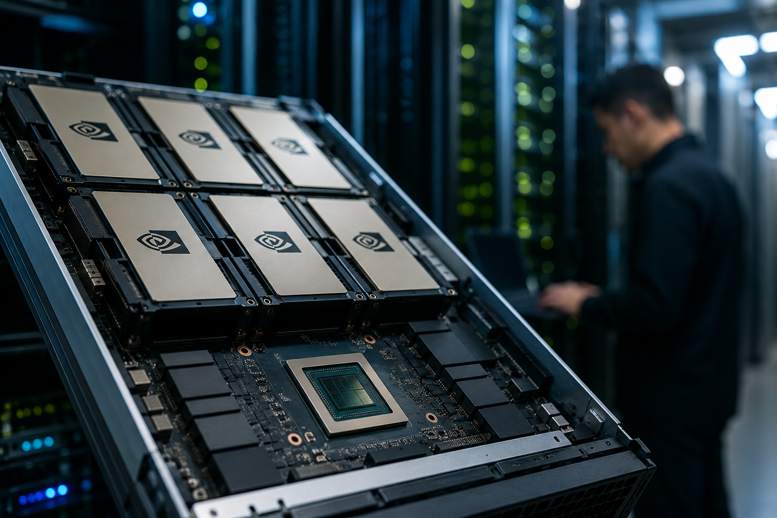 High-performance AI server hardware inside a data center with a technician working in the background.