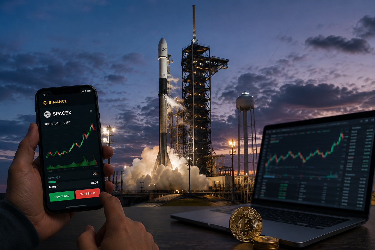 A rocket on a launchpad at dusk with crypto trading screens and digital asset imagery in the foreground.