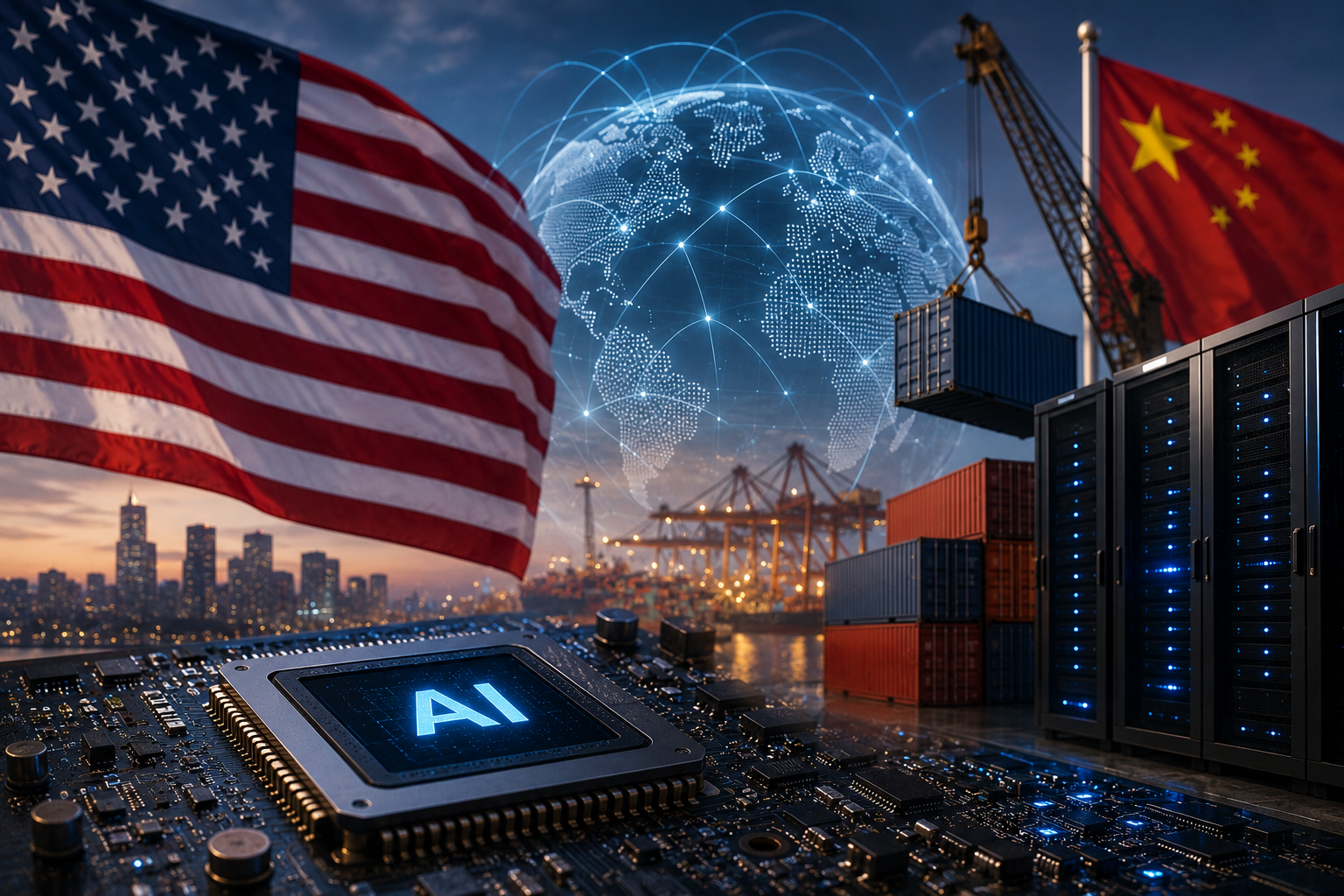 AI chip, server racks, shipping containers, and U.S. and Chinese flags symbolizing competition over global artificial intelligence infrastructure.