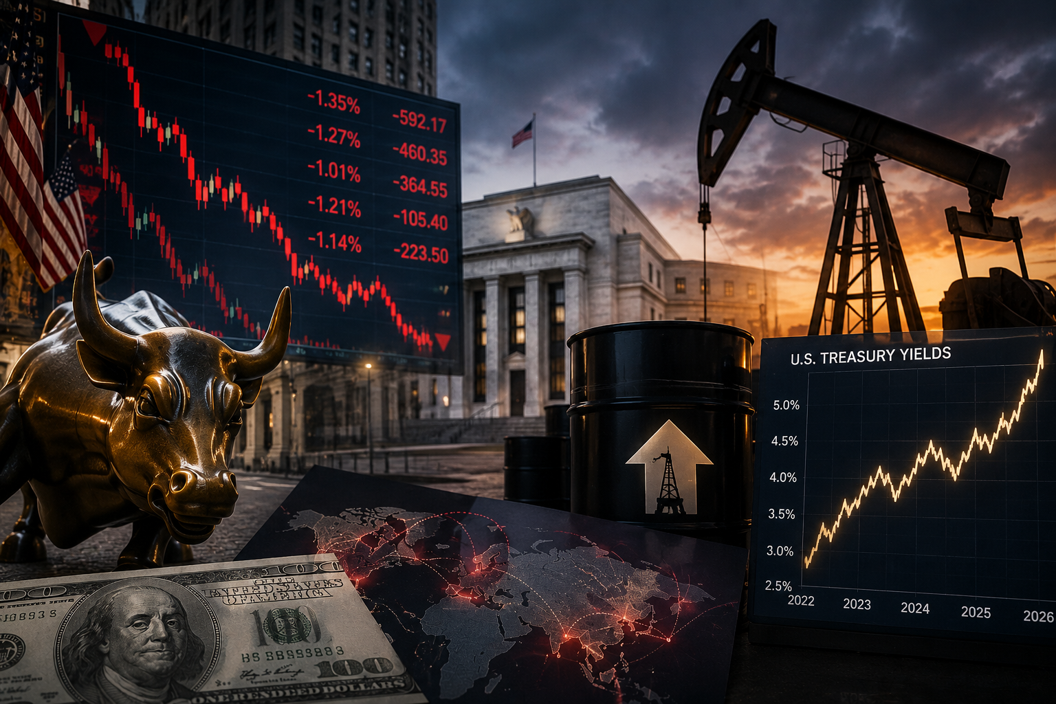 A Wall Street bull statue near oil barrels, market charts, Treasury yield imagery, and a pumpjack under a stormy sky.