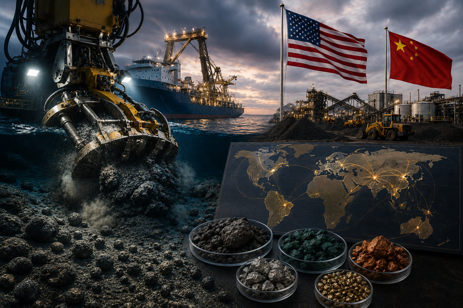 Underwater mining equipment collecting seabed minerals near an offshore vessel, with processing facilities and global supply chain imagery in the background.