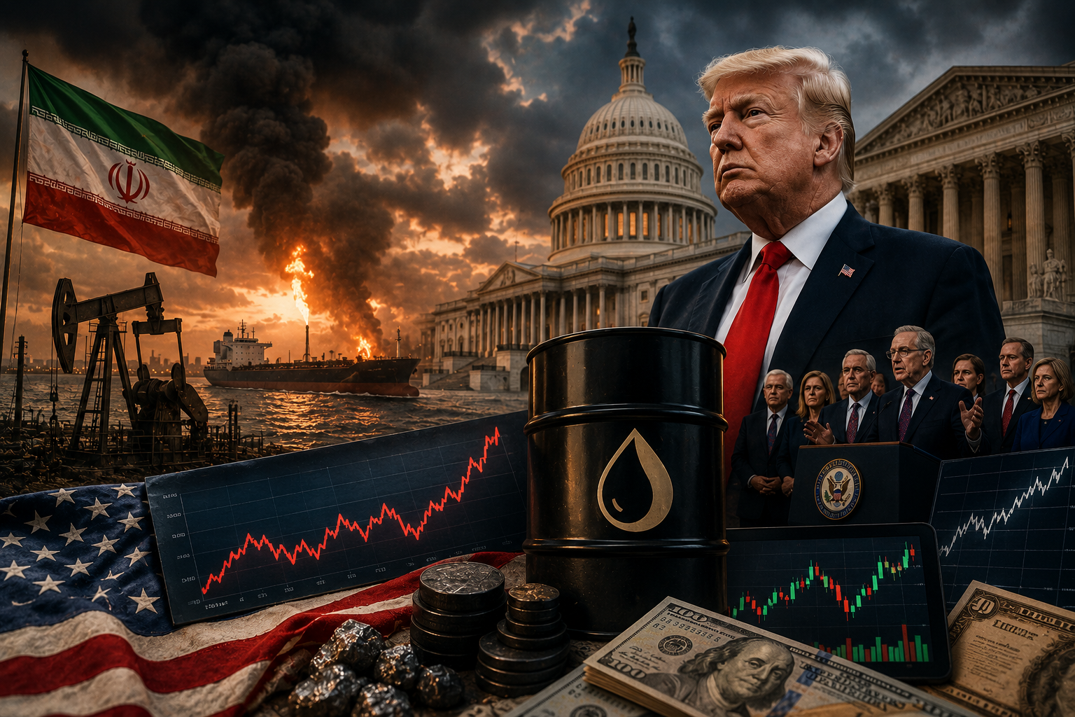 U.S. political buildings, oil barrels, market charts, and Middle East conflict imagery symbolize rising geopolitical risk and inflation pressure.