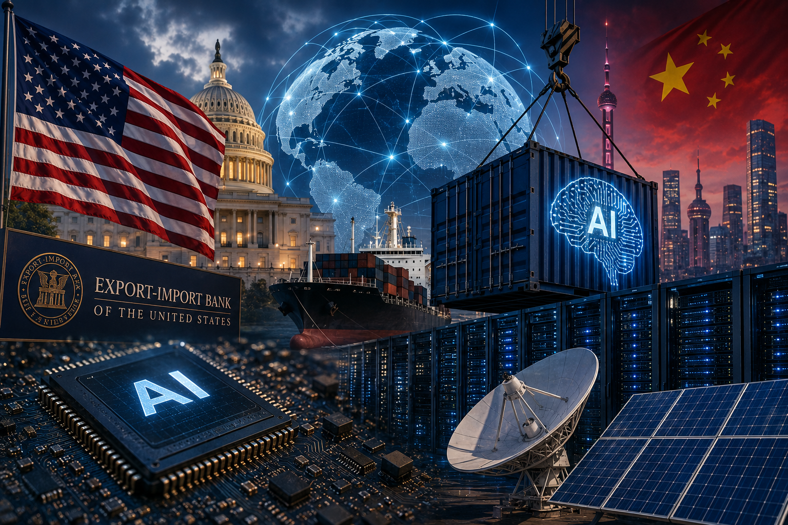 U.S. and Chinese flags, global trade infrastructure, AI chips, server racks, and digital network imagery symbolize the race for artificial intelligence leadership.