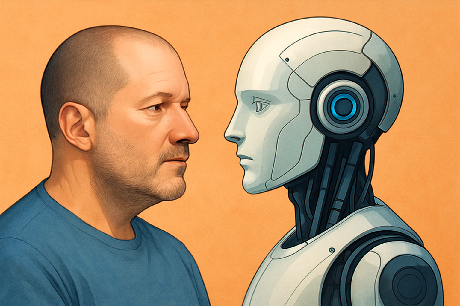 Illustration of Jony Ive facing a futuristic humanoid robot on a soft orange background, symbolizing the merger of design and artificial intelligence.