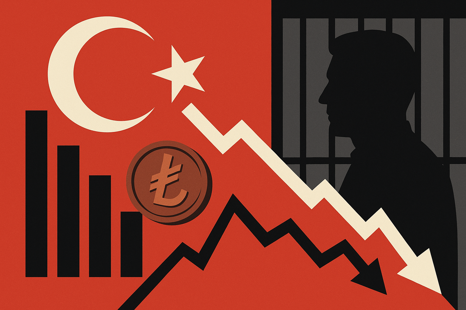 Illustration showing a downward market chart, Turkish lira coin, Turkish flag, and a silhouette of a man behind bars, symbolizing Turkey's economic decline and political turmoil.