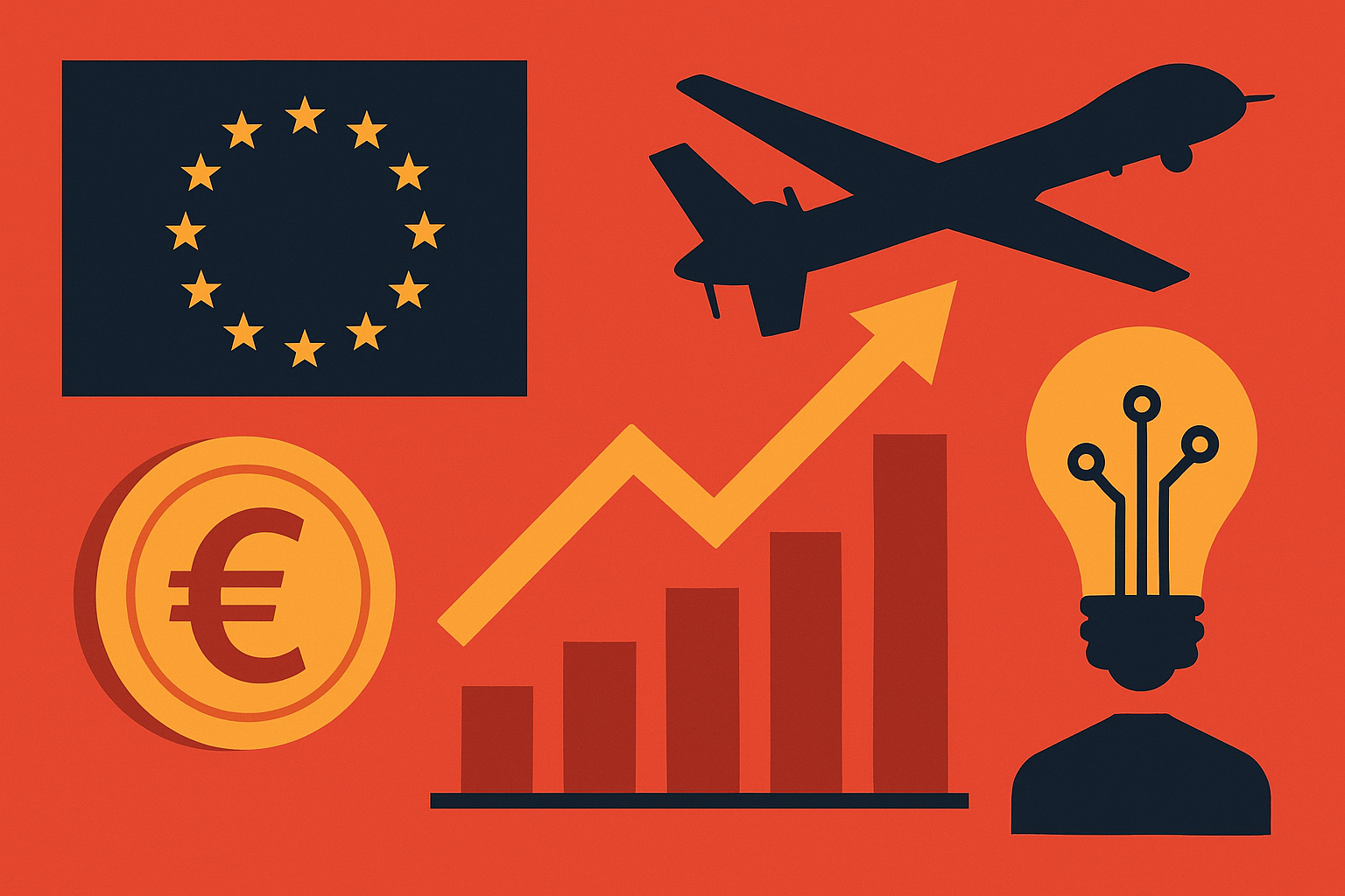 Flat-style illustration featuring the EU flag, a Euro coin, upward financial graph, drone silhouette, and a lightbulb symbolizing technology and innovation, all set against a red background.