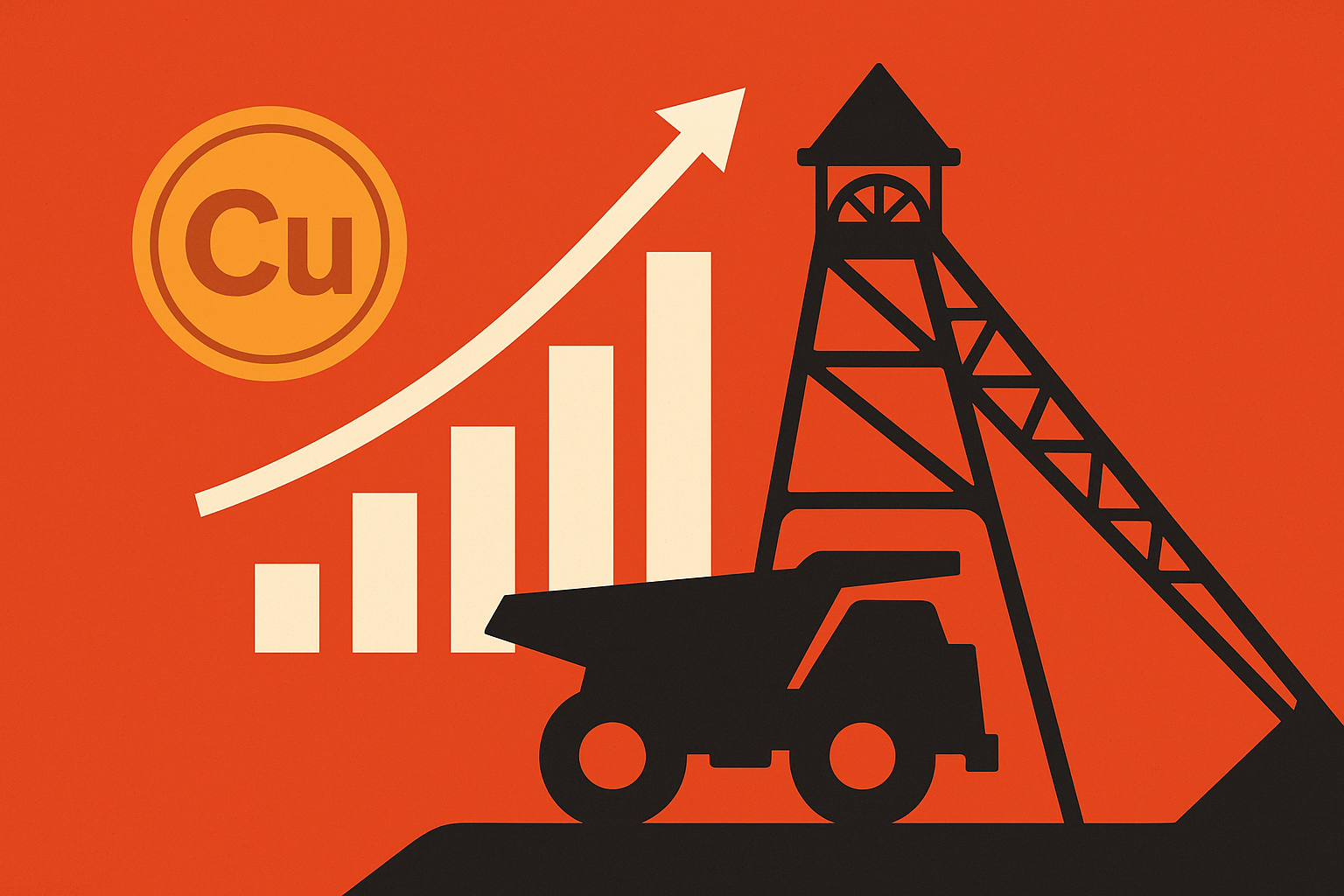 Illustrated image showing copper bars, mining tools, and a symbolic upward trend arrow, representing a bullish copper market driven by supply shortages and increasing demand.