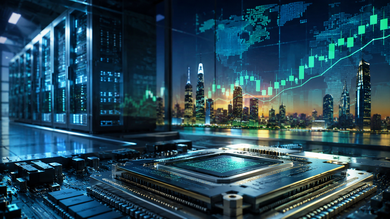 A high-performance AI processor sits on a circuit board inside a data center, with rising market graphics and a global city skyline in the background.
