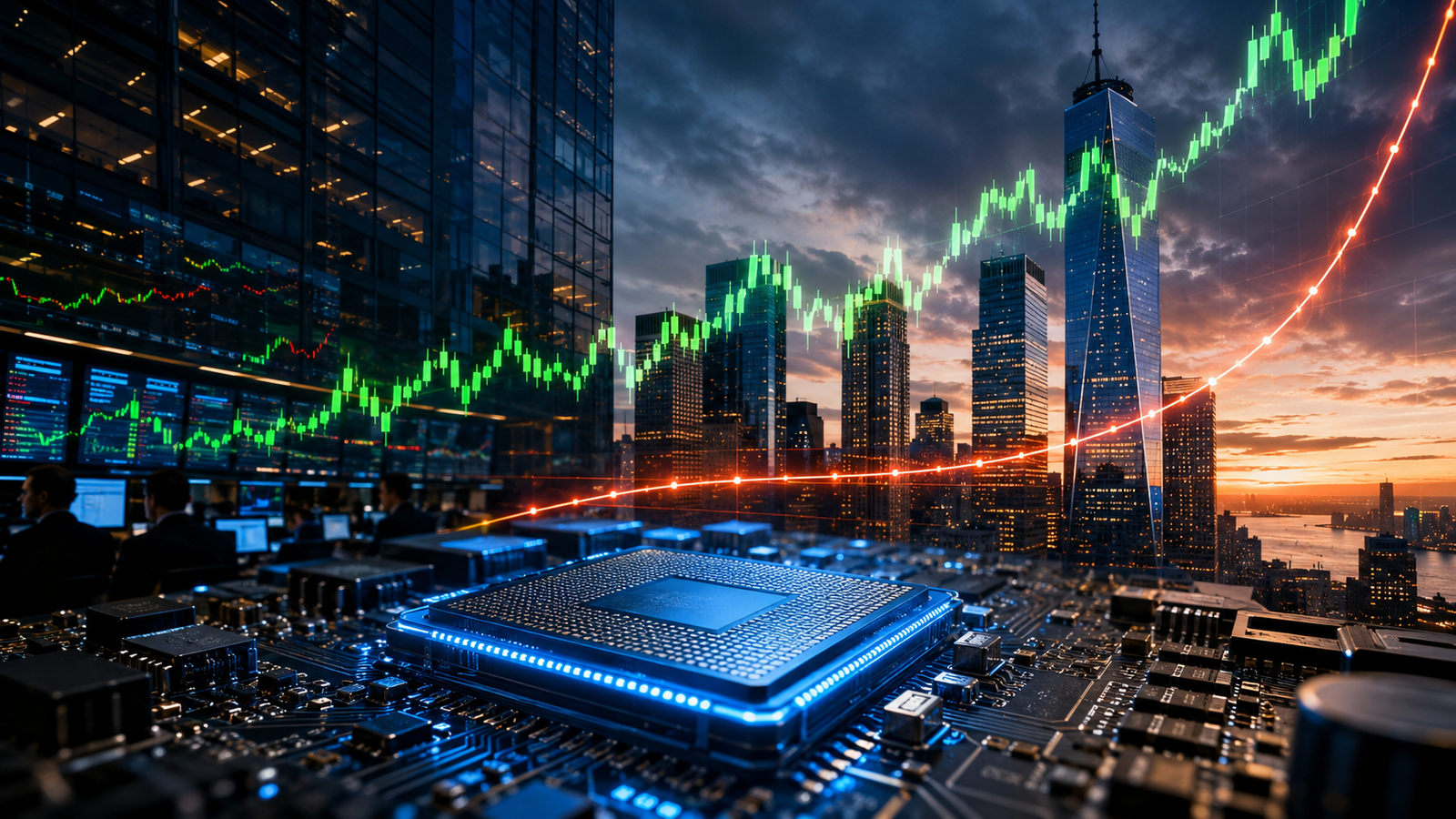 A glowing AI processor sits on a circuit board in front of a Wall Street skyline, with rising green stock graphics and a sharply climbing red yield curve.