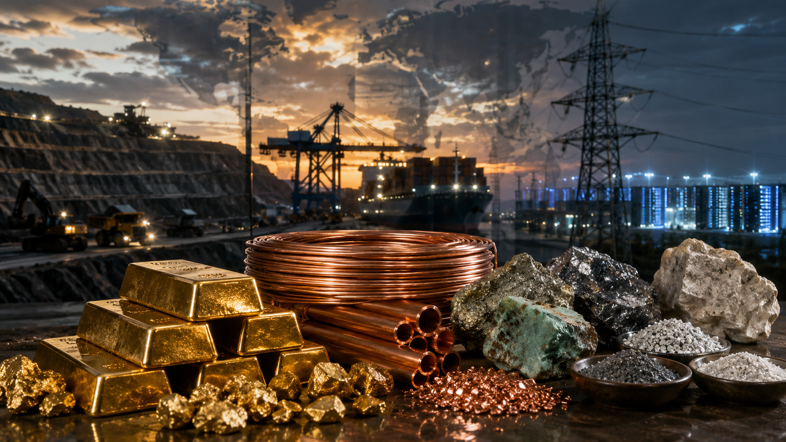 Gold bars, copper coils, and rare earth mineral samples sit in front of a mining site, port infrastructure, power lines, and a glowing industrial facility at dusk.