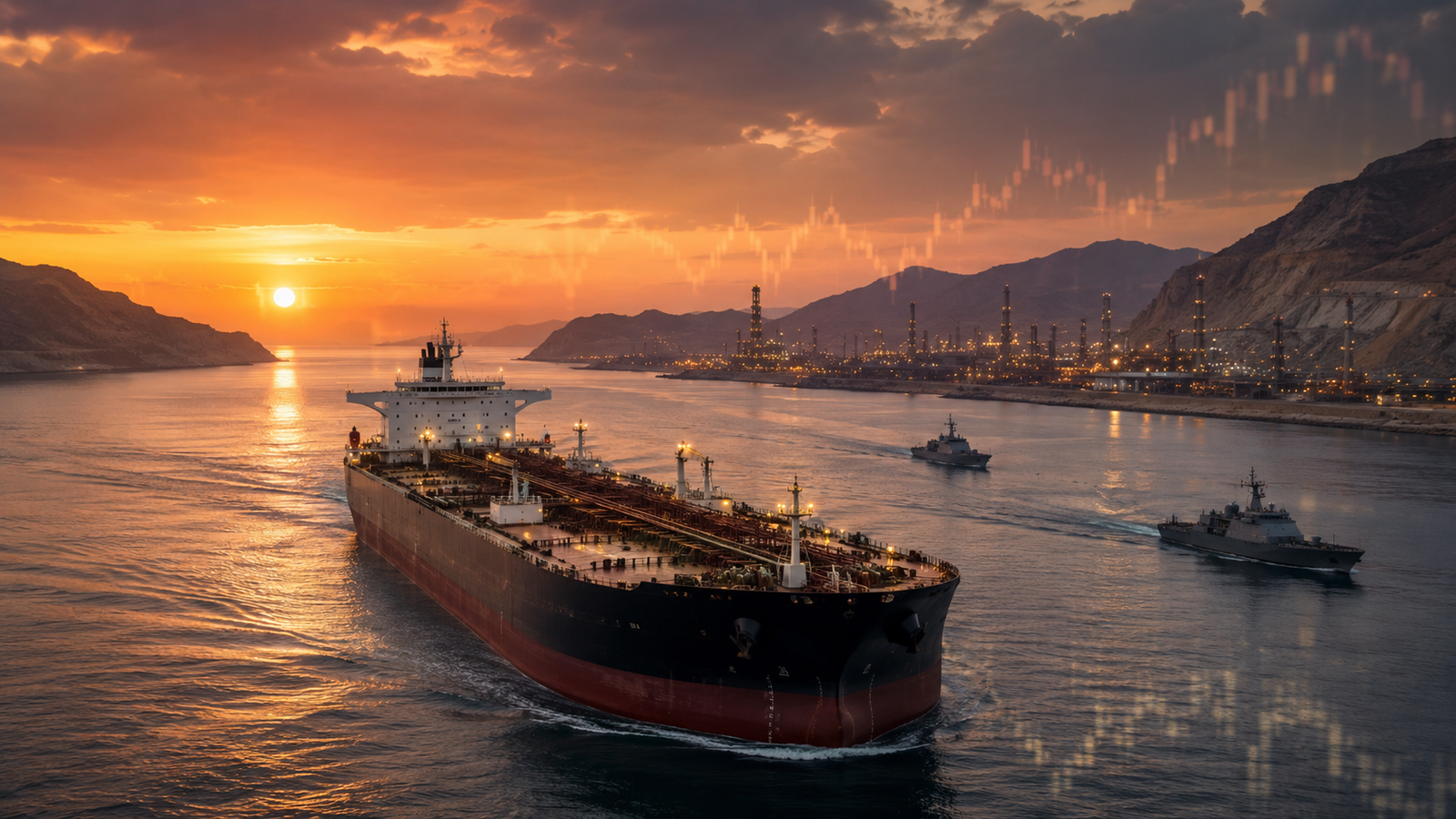 A large crude oil tanker moves through a narrow Middle Eastern waterway at sunset, escorted by patrol vessels near a distant refinery and rugged coastline.