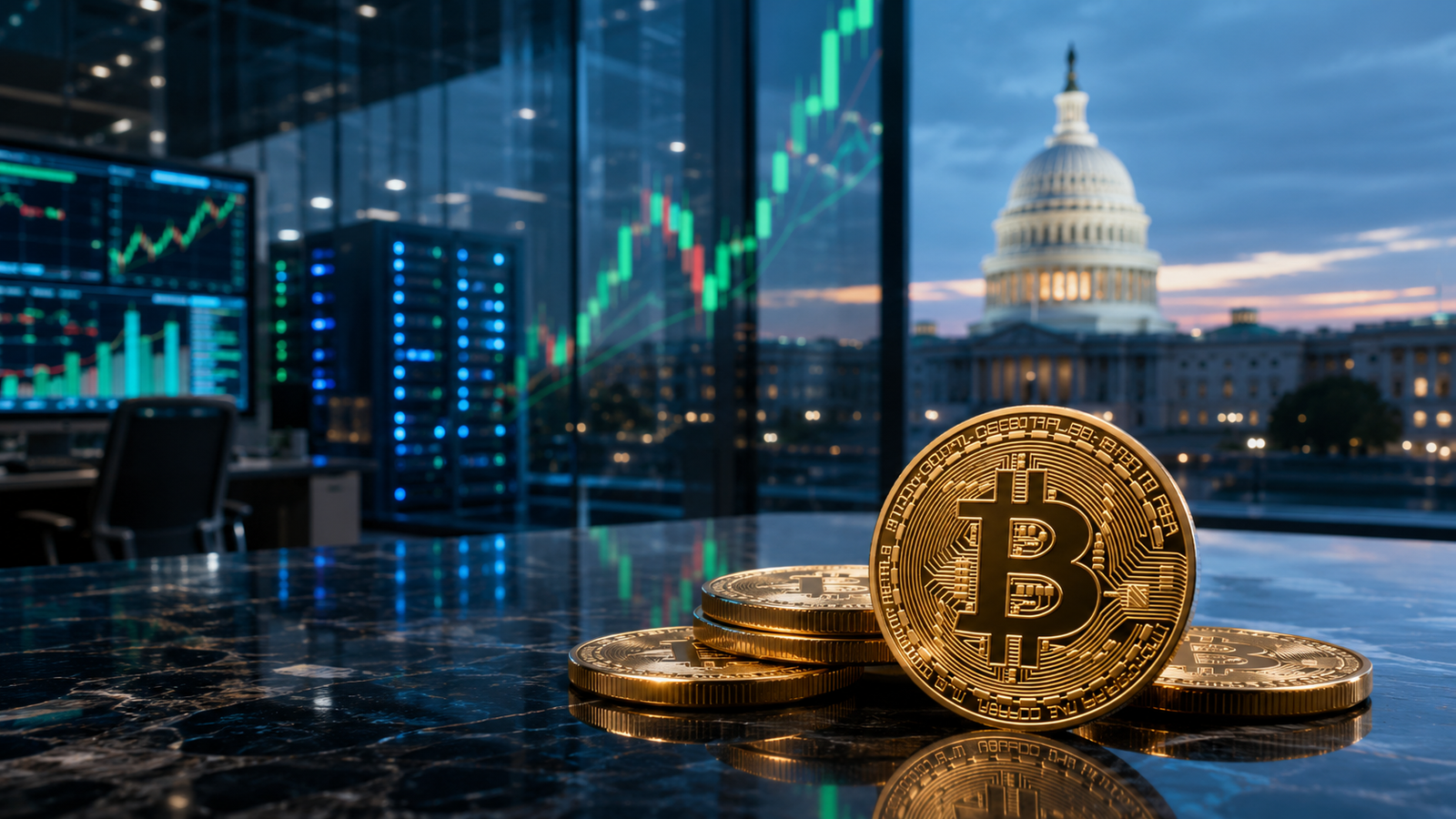 Gold bitcoin coins sit on a polished trading desk with market screens and the U.S. Capitol visible through glass in the background.