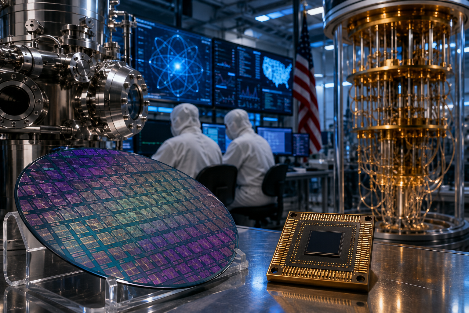 Quantum computing hardware, semiconductor wafers, and engineers in cleanroom suits appear inside a high-tech U.S. research lab with advanced machinery and digital displays.