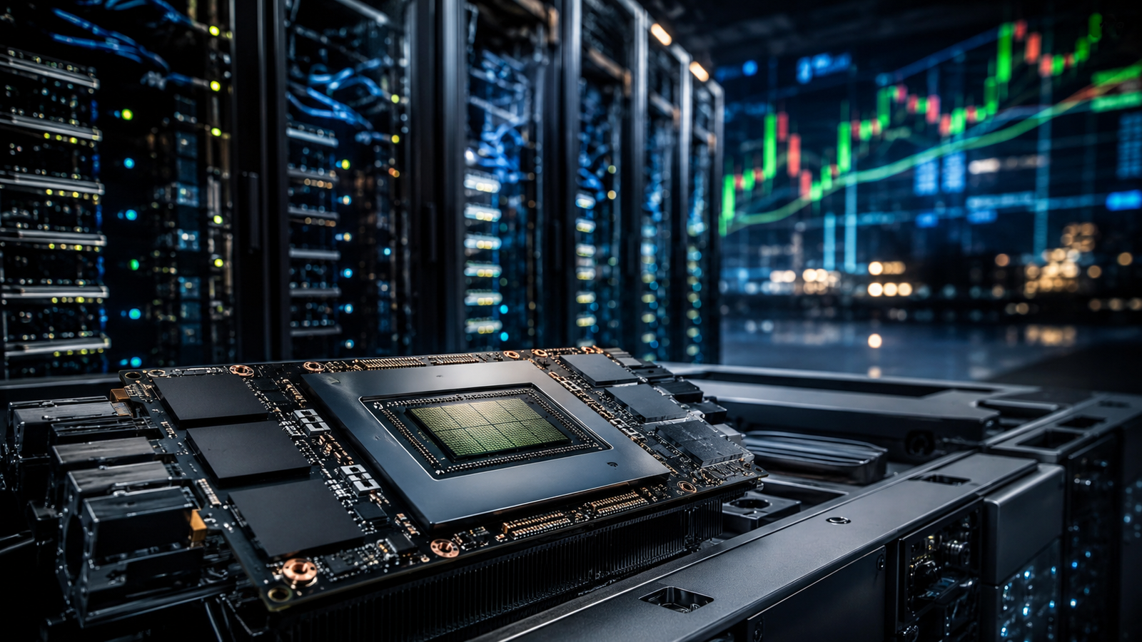 Photorealistic image of an advanced AI chip module inside a modern data center with blurred market chart lights in the background.