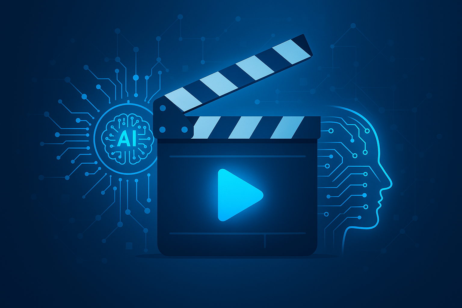 Digital illustration of a clapperboard combined with AI and neural network symbols, representing the convergence of artificial intelligence and video production.