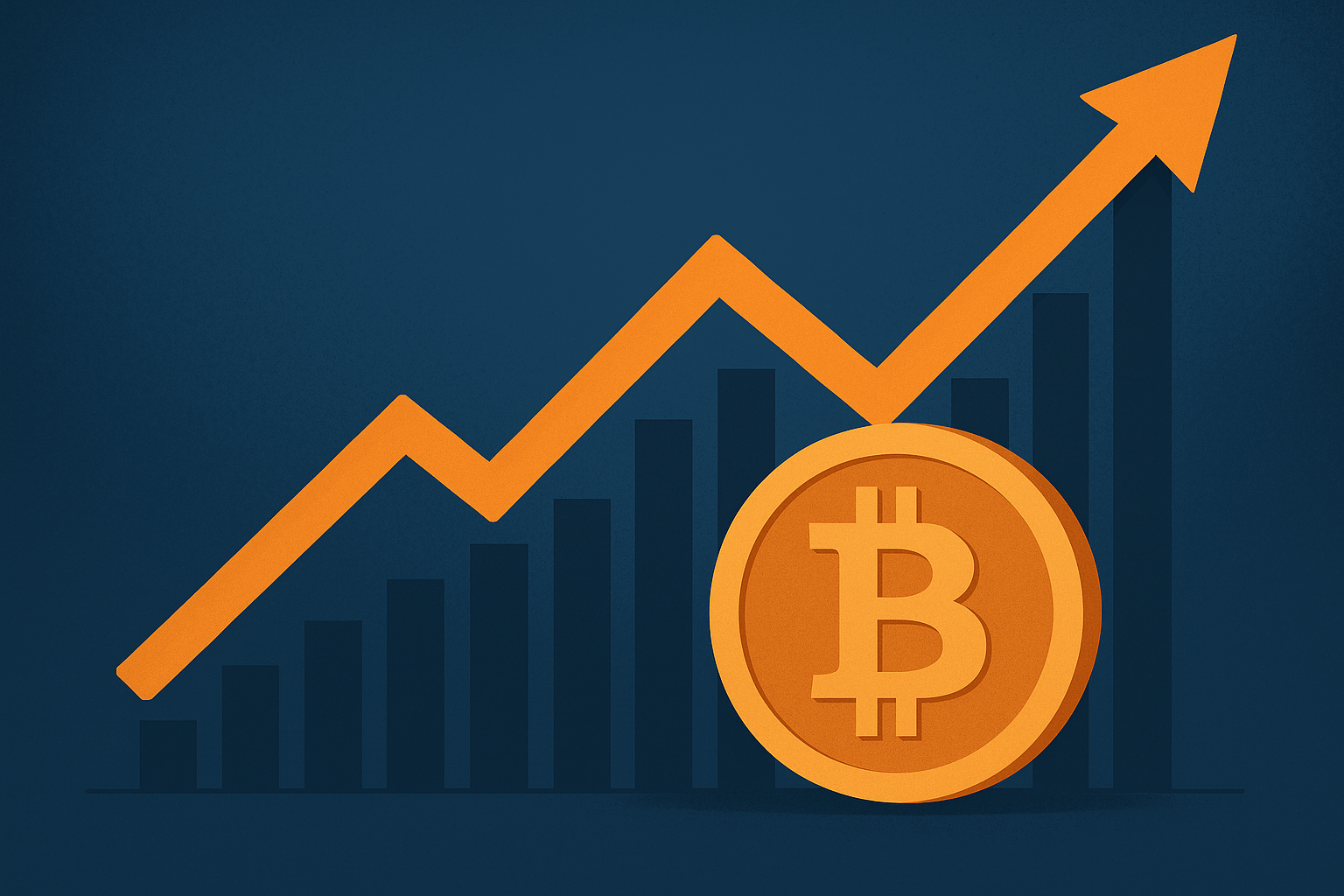 Illustration of a Bitcoin coin over a bar chart with an orange arrow rising upward, symbolizing price growth.