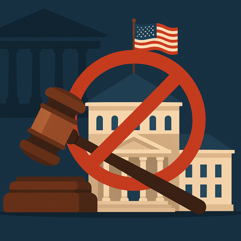 Illustration of a judge’s gavel and red prohibition symbol over a U.S. government building