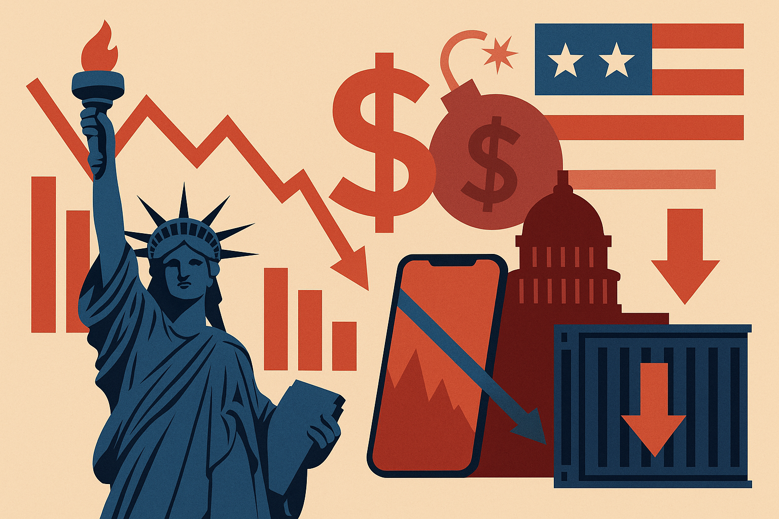 Illustration showing the Statue of Liberty, a downward-trending stock chart, a dollar sign, a smartphone, and symbols of tariffs and U.S. government against a beige background.