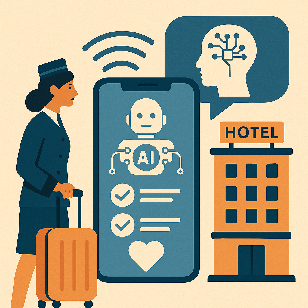 A digital illustration showing a female bellhop interacting with an AI interface on a smartphone, connected to a hotel building.