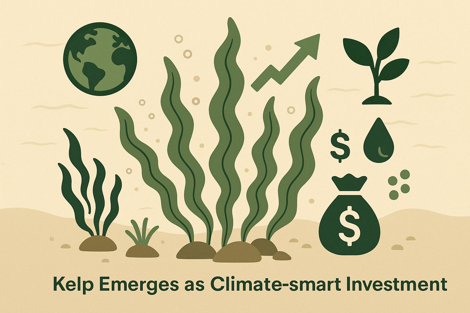 Illustration showing kelp underwater with symbols for money, growth, and sustainability, highlighting kelp as a beneficial climate investment.