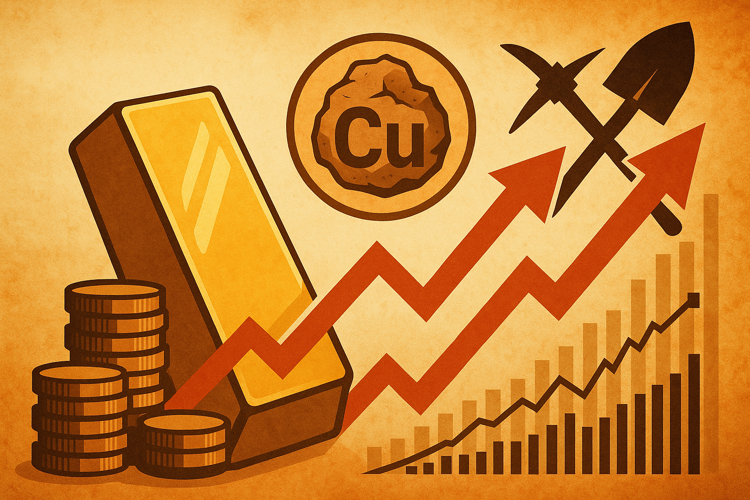 Illustration featuring gold bars, copper symbol, mining tools, coins, and upward financial graphs symbolizing the growth of the metals and mining sector.
