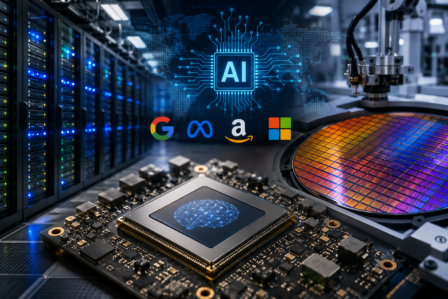 Photorealistic image of an advanced AI processor on a circuit board, surrounded by data center servers, a semiconductor wafer, and robotic chip manufacturing equipment.