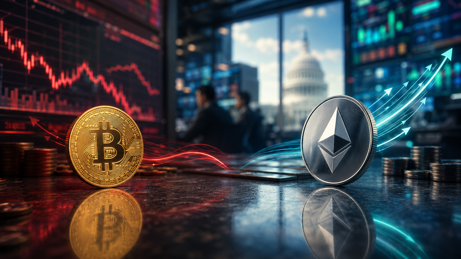 Photorealistic image of Bitcoin and Ethereum coins on a trading desk, with red market charts behind Bitcoin, rising blue arrows near Ethereum, and the U.S. Capitol blurred in the background.