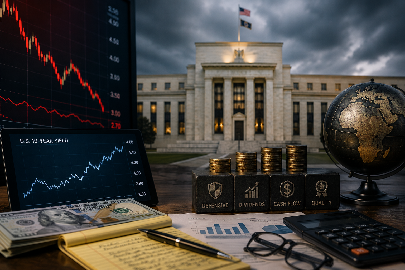 Photorealistic financial news image showing falling market charts, rising Treasury yield visuals, defensive investment symbols, cash, documents, and the Federal Reserve building under stormy skies.