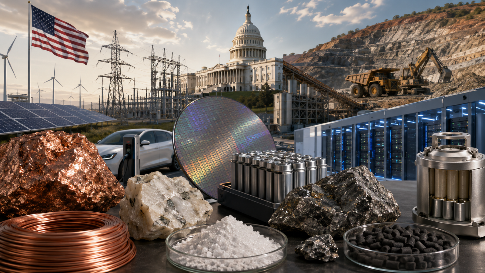 Photorealistic image of copper, lithium, rare earth minerals, graphite, battery cells, a semiconductor wafer, solar panels, power lines, data center servers, mining equipment, and the U.S. Capitol.