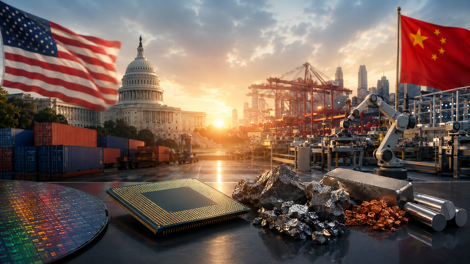 Photorealistic image of U.S. and Chinese flags, the U.S. Capitol, shipping containers, port cranes, robotic manufacturing equipment, semiconductor wafers, computer chips, and critical minerals.