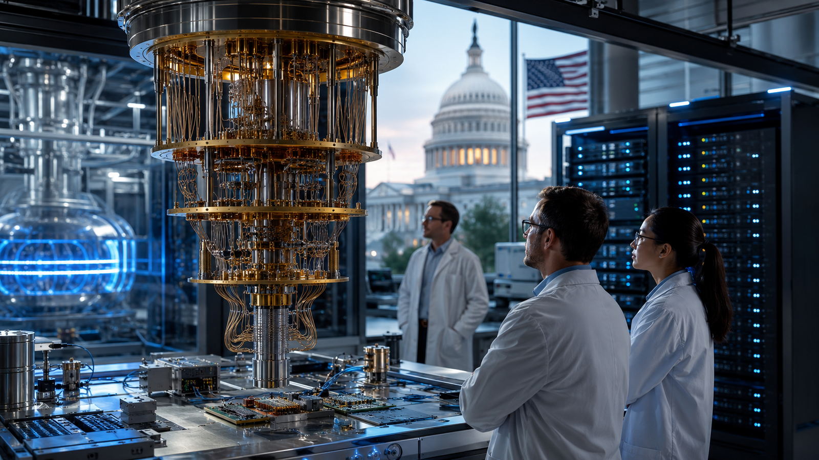 Photorealistic image of scientists observing a quantum computer in a high-tech laboratory, with server racks, advanced research equipment, an American flag, and the U.S. Capitol visible in the background.