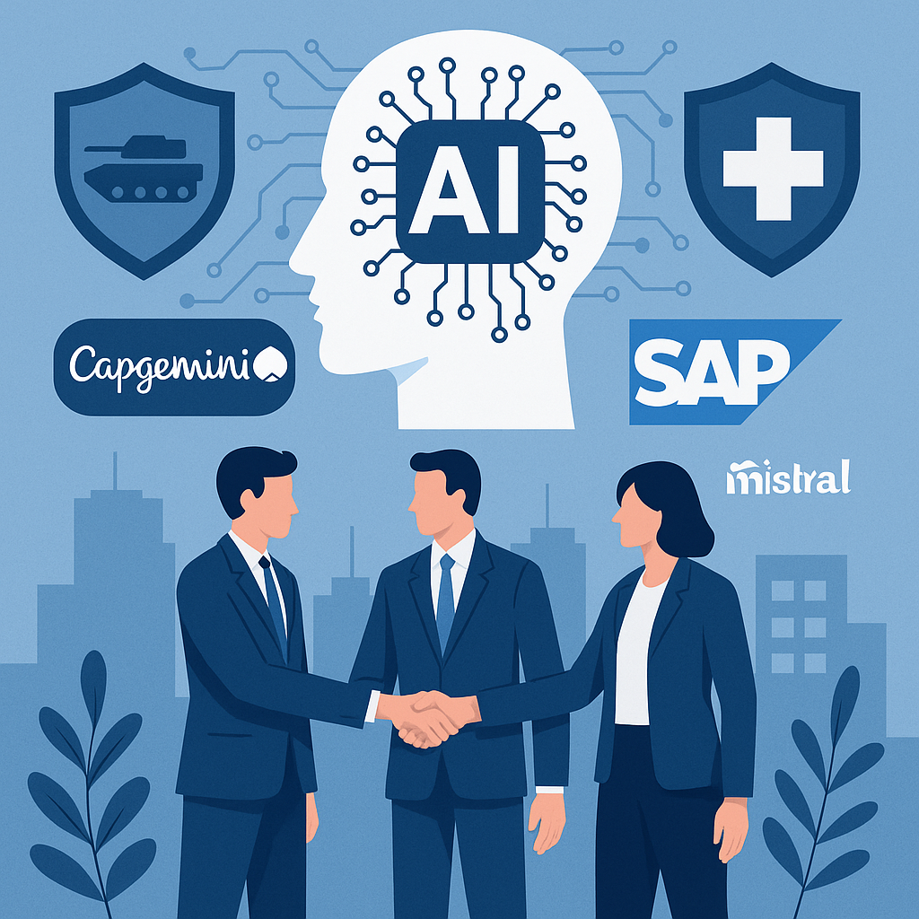 Illustration of Capgemini, SAP, and Mistral logos with business professionals shaking hands, AI head silhouette, and defense and healthcare symbols.