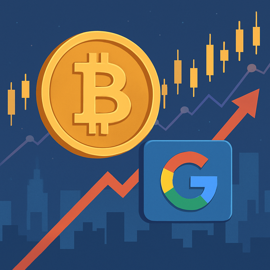 Illustration of a large Bitcoin coin rising above the Google logo with candlestick charts, a red upward arrow, and a city skyline in the background.