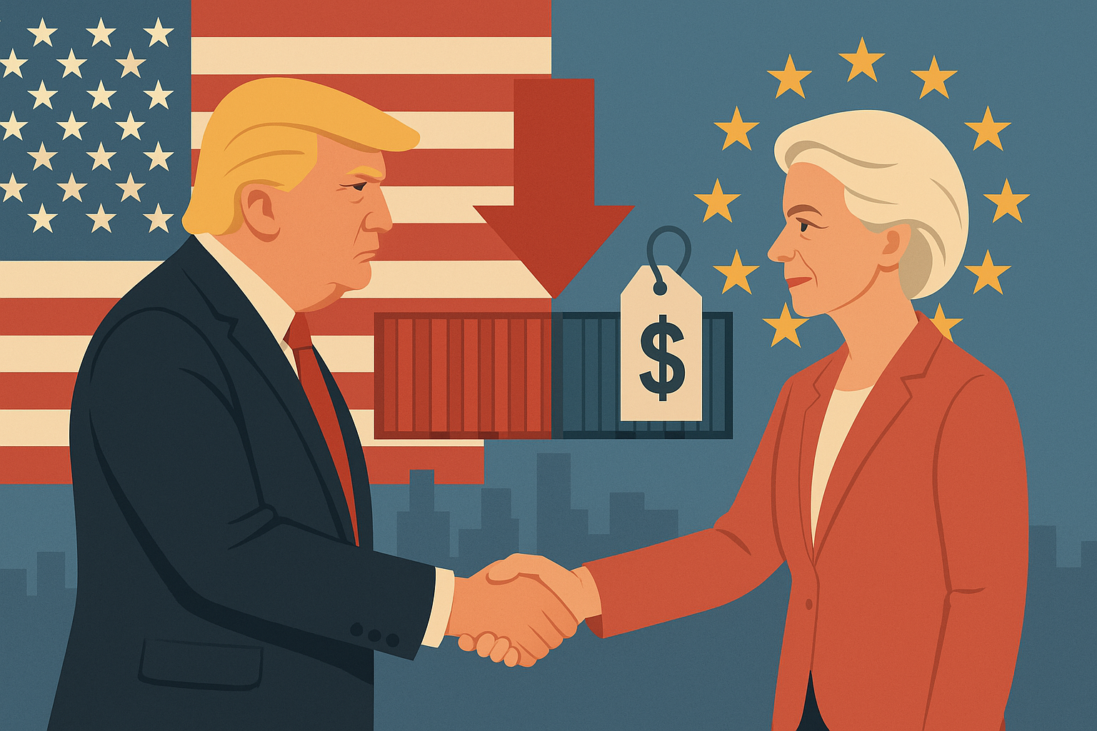 Illustration of Donald Trump and Ursula von der Leyen shaking hands in front of U.S. and EU flags with shipping containers and a downward arrow symbolizing tariff negotiations.