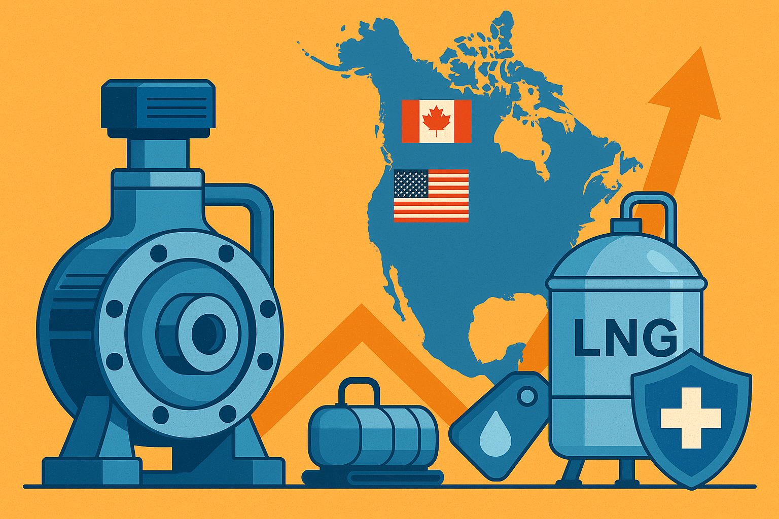 Illustration of a cryogenic pump, LNG tank, and healthcare symbol with a map of North America in the background, highlighting U.S. and Canadian flags and a growth arrow.